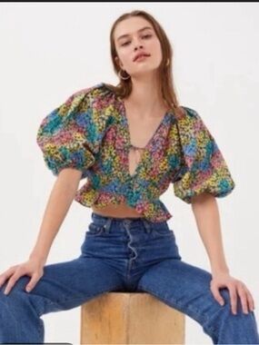 For Love & Lemons Multicolor Floral Puff-Sleeve Crop Top